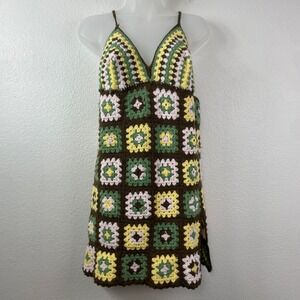 Handmade Crochet Granny Square Mini Dress Brown Green Yellow Boho Festival Slit
